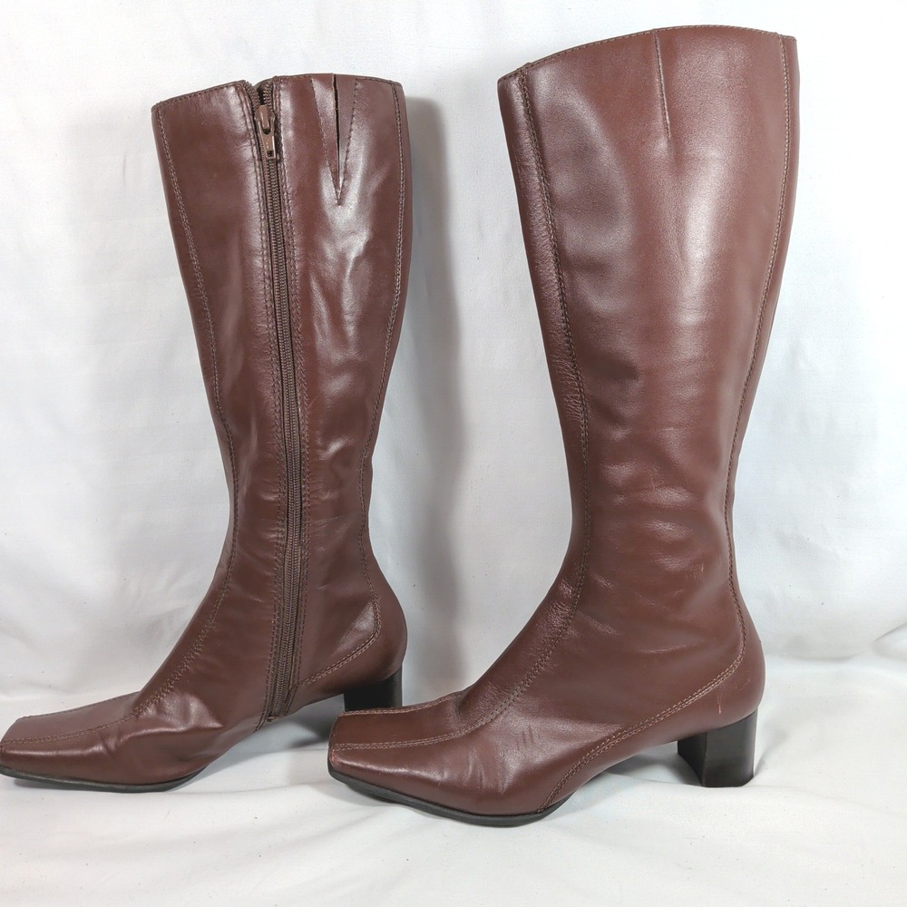 Ann Marino Brown Leather Knee High Boots; Square Toe Chunky Heel Size 8.5